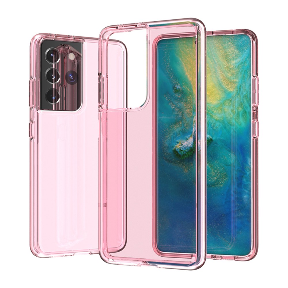 Anti-fingerprint PC+TPU Combo Back Case for Samsung Galaxy S21 Ultra Clear Design Phone Shell - Pink-1