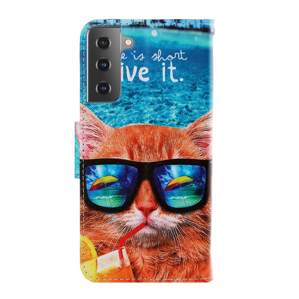 Pattern Printing Flip Leather Wallet Protective Case for Samsung Galaxy S21 - Cat with Glasses-2