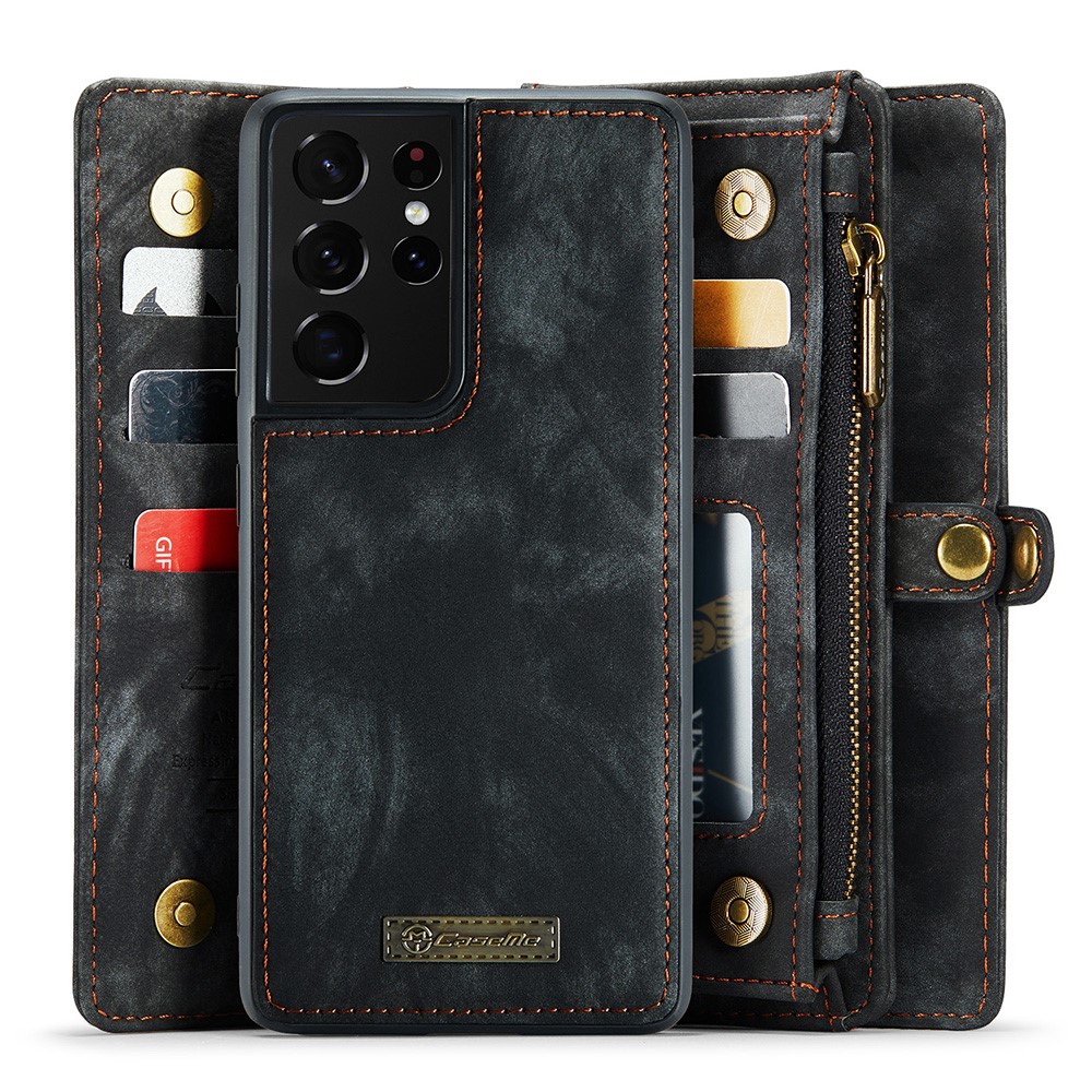 Caseme 008-serie Für Samsung Galaxy S21 Ultra 5G PU Leder Reißverschluss Multifunktionsfunktion Telefon Hülle Magnetabendbare 2-in-1-brieftasche - Schwarz