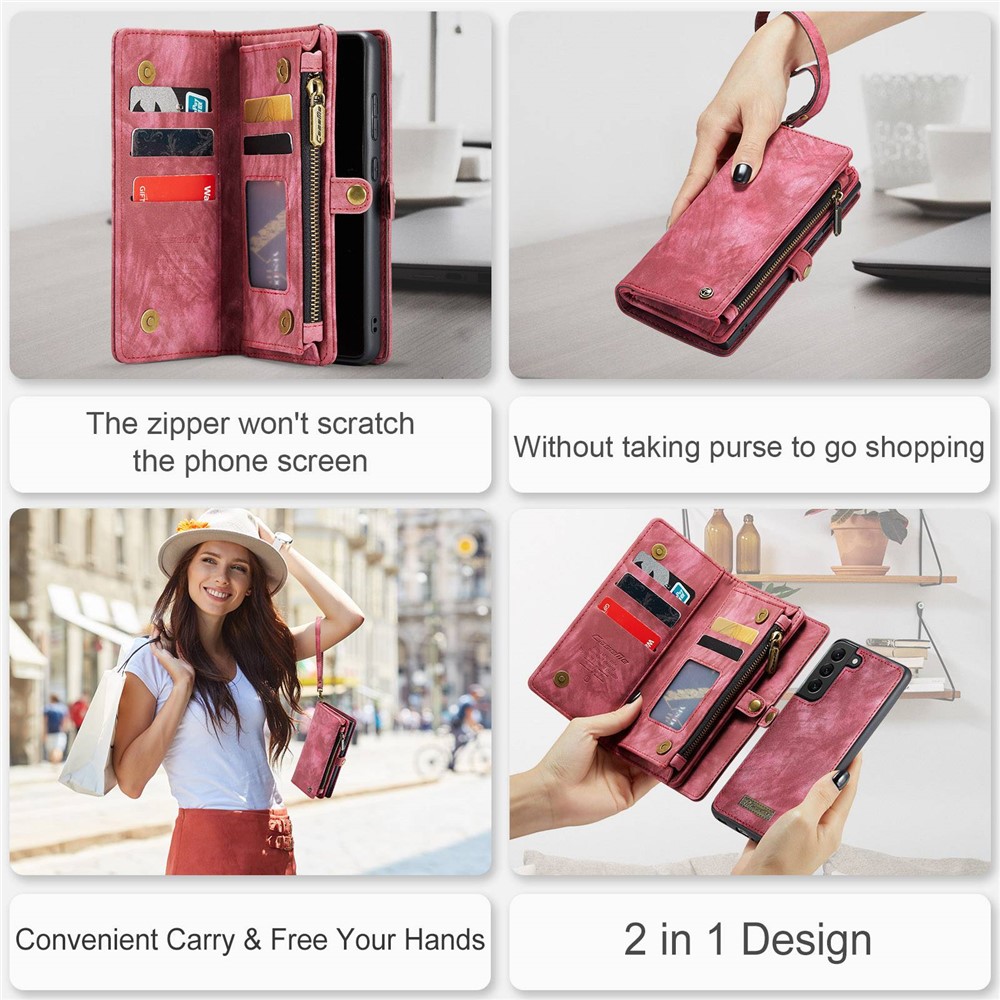 Caseme 008 -serie Für Samsung Galaxy S21 4G / 5G Abnehmbares Design Magnetic TPU+PU Leder Shell Phone Hülle Brieftasche Anti-kratzer-telefonabdeckung - Rot