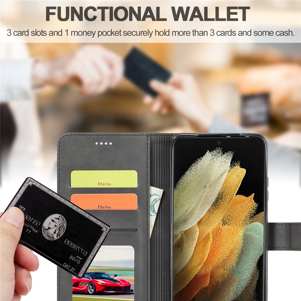 LC.IMEEKE for Samsung Galaxy S21 Ultra Stand Protective Leather Wallet Case - Black-10