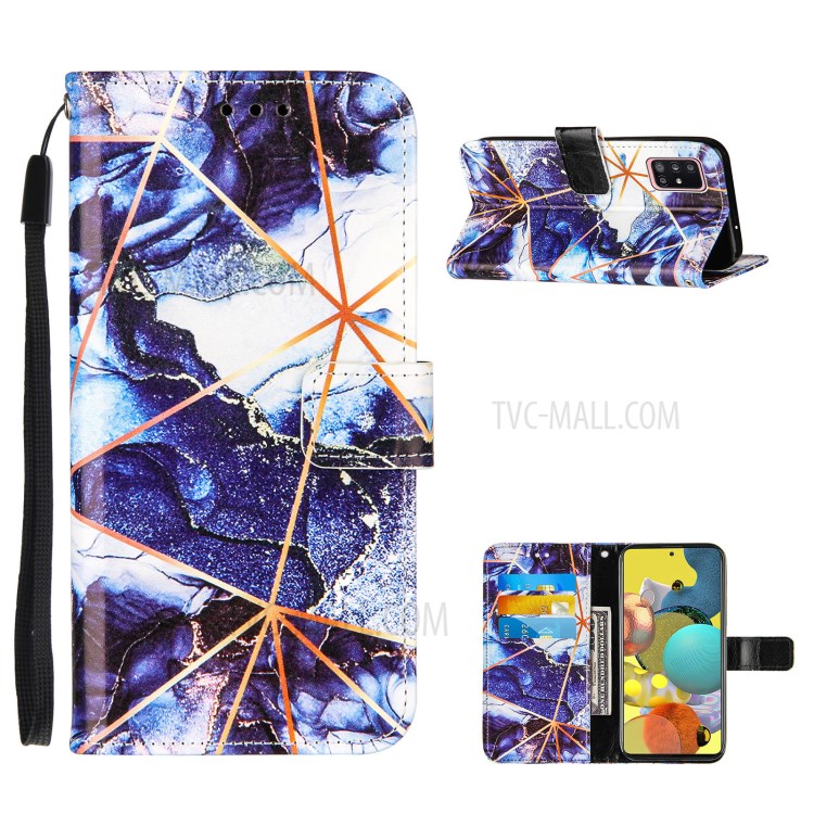 Padrão De Mármore Splicing Carteira Stand TPU + Capa De Couro PU Para Samsung Galaxy A51 SM-A515 - Azul Escuro-1