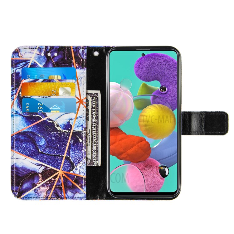 Padrão De Mármore Splicing Carteira Stand TPU + Capa De Couro PU Para Samsung Galaxy A51 SM-A515 - Azul Escuro-5
