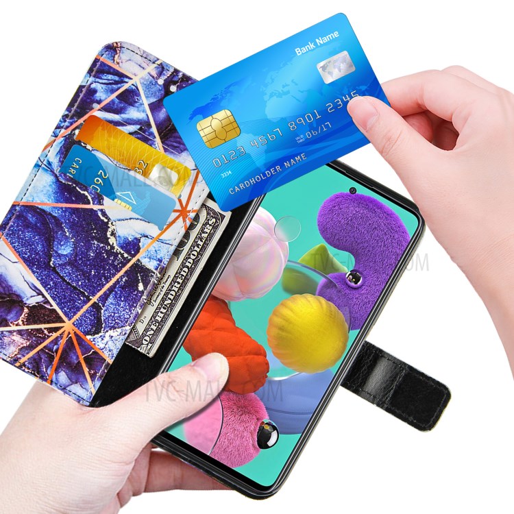 Padrão De Mármore Splicing Carteira Stand TPU + Capa De Couro PU Para Samsung Galaxy A51 SM-A515 - Azul Escuro-6