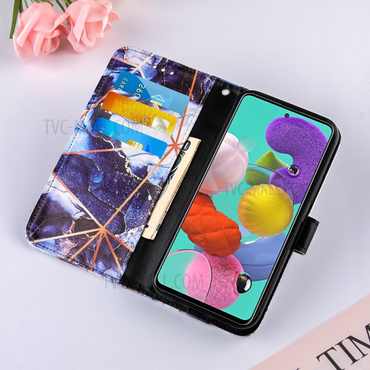 Padrão De Mármore Splicing Carteira Stand TPU + Capa De Couro PU Para Samsung Galaxy A51 SM-A515 - Azul Escuro-7