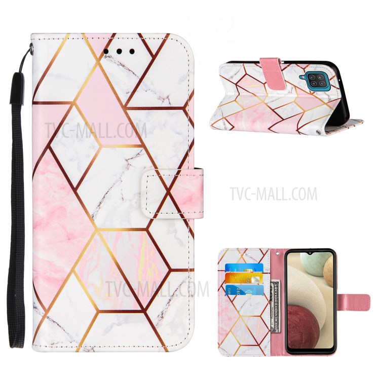 Marble Pattern Splicing Wallet Stand Flexible TPU Inner Shell + PU Leather Case for Samsung Galaxy A12 - Pink-1