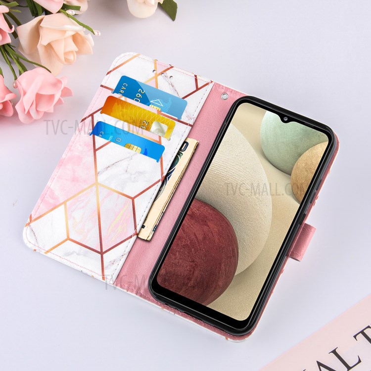 Marble Pattern Splicing Wallet Stand Flexible TPU Inner Shell + PU Leather Case for Samsung Galaxy A12 - Pink-7