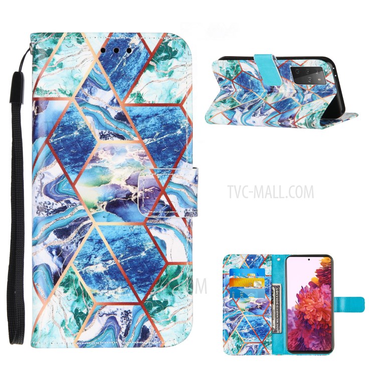 TPU + PU Leather Splicing Marble Pattern Wallet Stand Case for Samsung Galaxy S21 Ultra - Blue/Green/Purple-1
