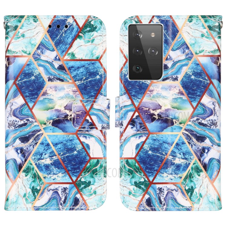 TPU + PU Leather Splicing Marble Pattern Wallet Stand Case for Samsung Galaxy S21 Ultra - Blue/Green/Purple-3