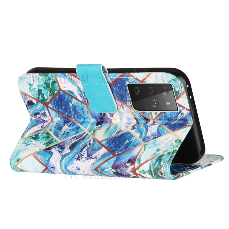 TPU + PU Leather Splicing Marble Pattern Wallet Stand Case for Samsung Galaxy S21 Ultra - Blue/Green/Purple-4