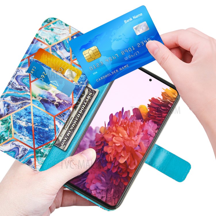 TPU + PU Leather Splicing Marble Pattern Wallet Stand Case for Samsung Galaxy S21 Ultra - Blue/Green/Purple-6