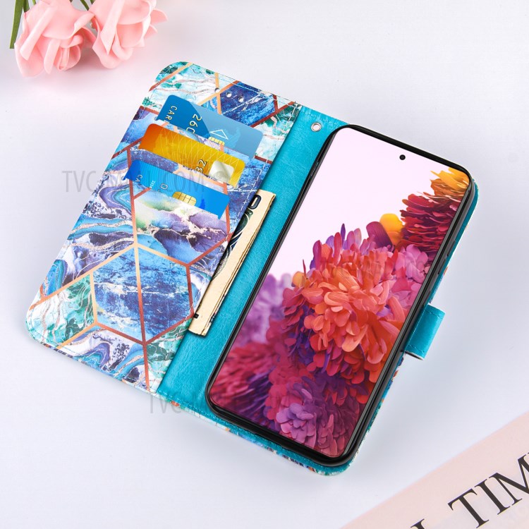 TPU + PU Leather Splicing Marble Pattern Wallet Stand Case for Samsung Galaxy S21 Ultra - Blue/Green/Purple-7