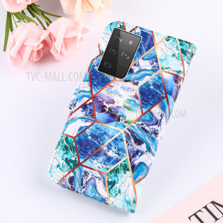 TPU + PU Leather Splicing Marble Pattern Wallet Stand Case for Samsung Galaxy S21 Ultra - Blue/Green/Purple-9