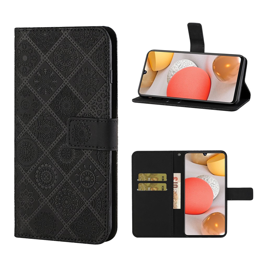 Imprint Ethnic Style Flower Wallet Magnetic Clasp Leather Shell for Samsung Galaxy A12 - Black-1