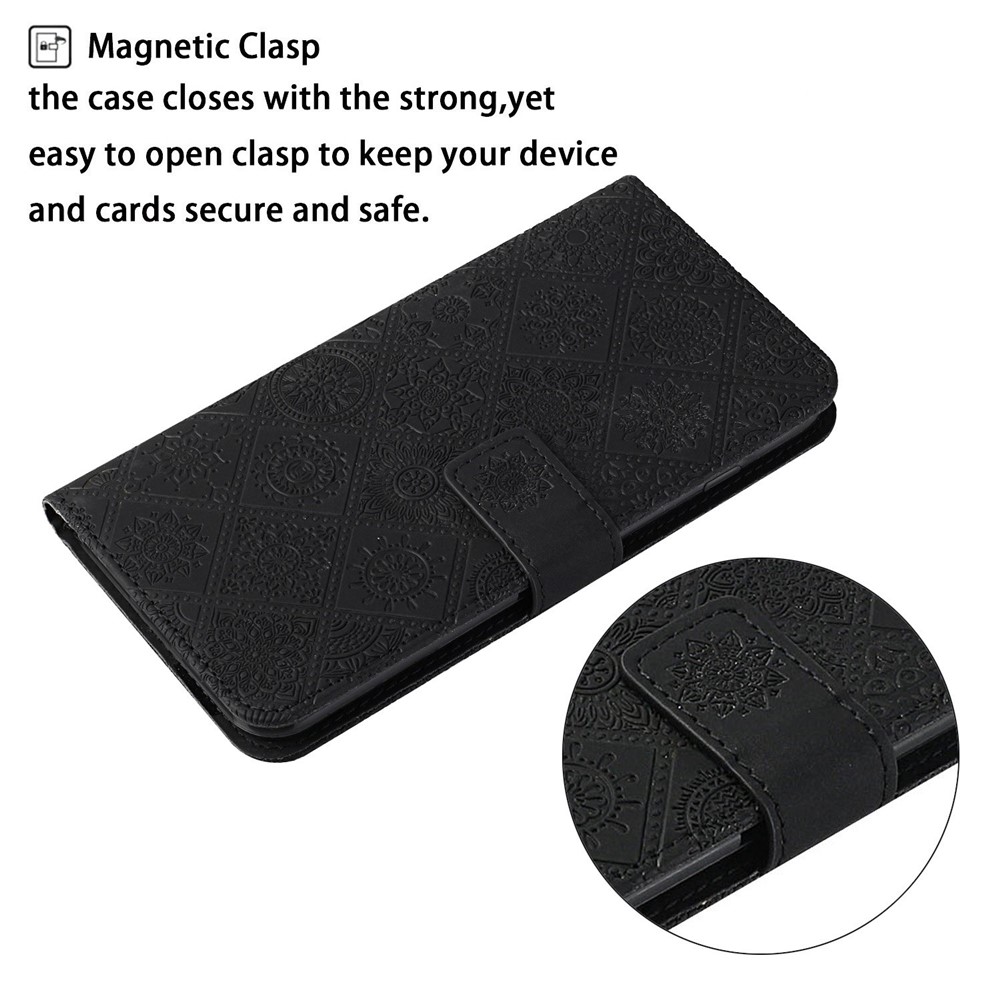 Imprint Ethnic Style Flower Wallet Magnetic Clasp Leather Shell for Samsung Galaxy A12 - Black-7