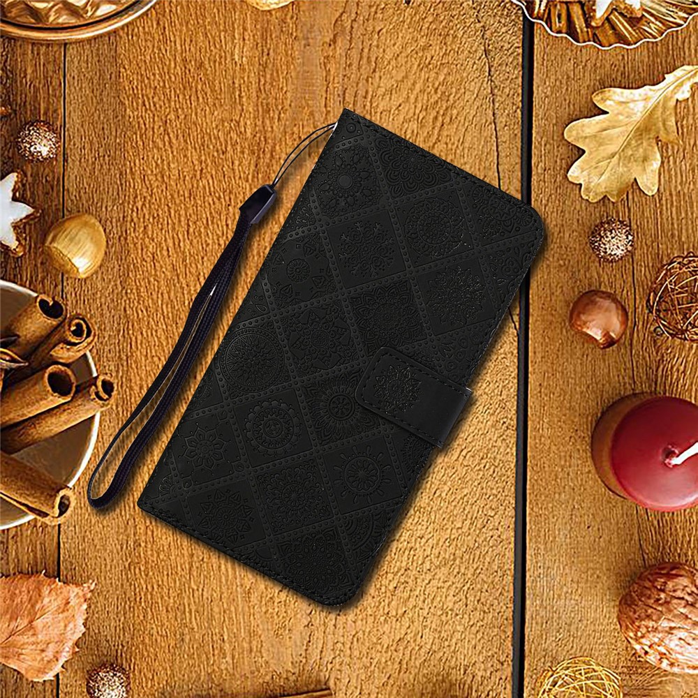 Imprint Ethnic Style Flower Wallet Magnetic Clasp Leather Shell for Samsung Galaxy A12 - Black-9