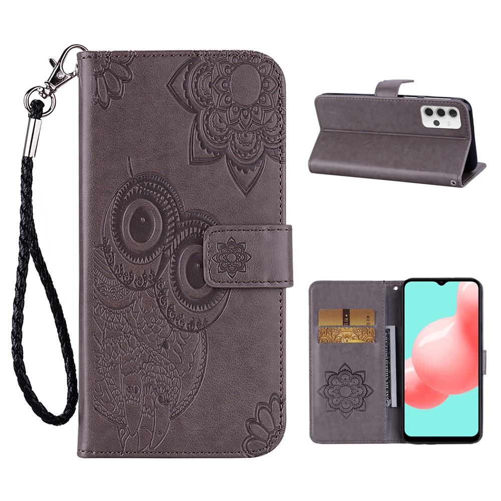 Imprint Flower Owl Pattern Stand Leather Wallet Case Cover for Samsung Galaxy A32 - Grey-1
