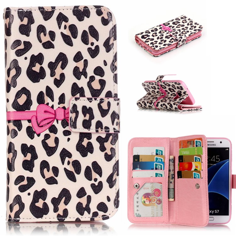 

9 Card Slots Embossed Leather Phone Shell for Samsung Galaxy S7 G930 - Beige Leopard Pattern