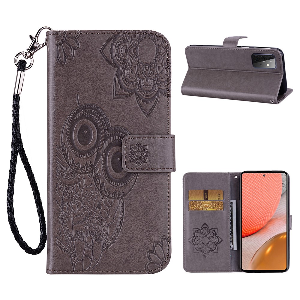 Imprint Owl Flower Leather Protector for Samsung Galaxy A72 5G Shell Stand Cover - Grey-1
