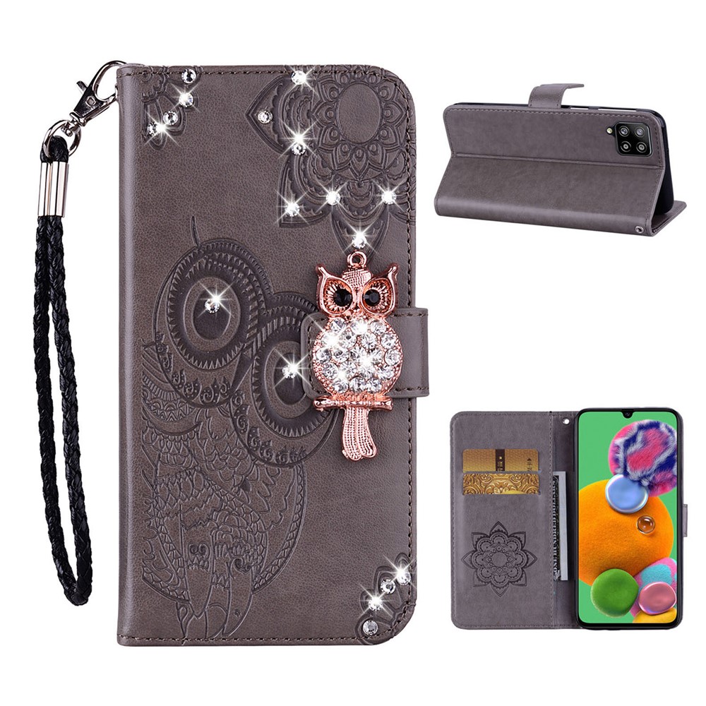 Owl Imprint Rhinestone Decor Leather Phone Case for Samsung Galaxy A12 Stand Shell - Grey-1