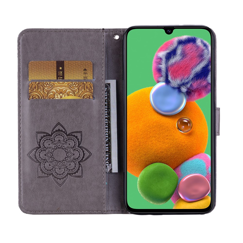 Owl Imprint Rhinestone Decor Leather Phone Case for Samsung Galaxy A12 Stand Shell - Grey-7