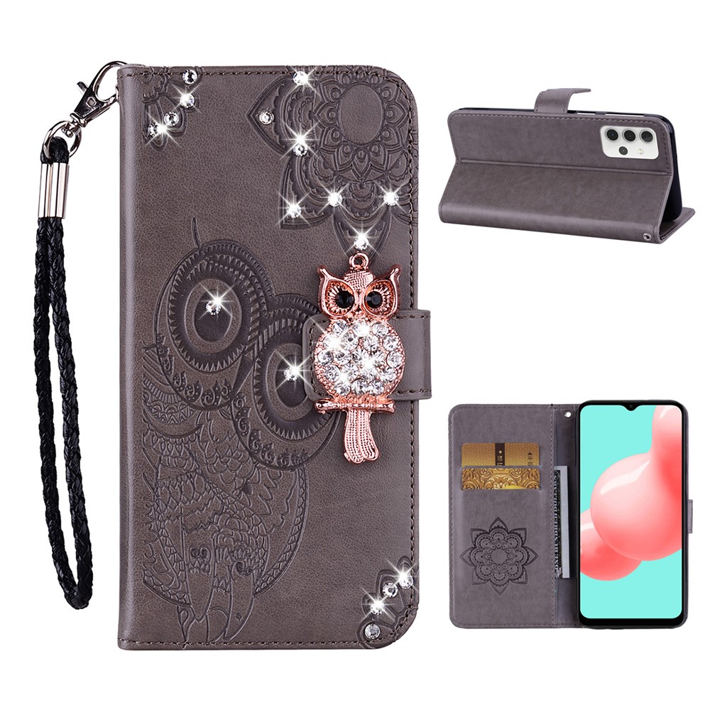 Gufo Impronta Rhinestone Decor Whatet Case in Pelle Per Samsung Galaxy A32 5G/M32 5G Stant Shok - Grigio