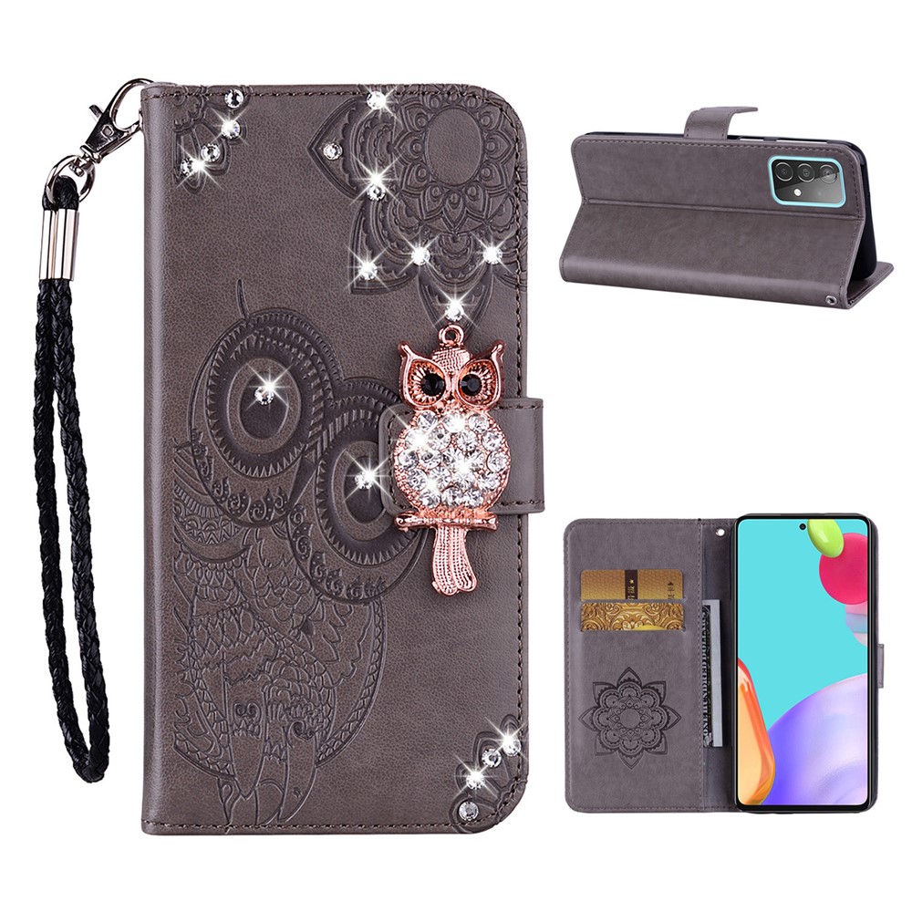 Owl Imprint Rhinestone Decor Wallet Leather Cover for Samsung Galaxy A52 5G Stand Shell - Grey-1