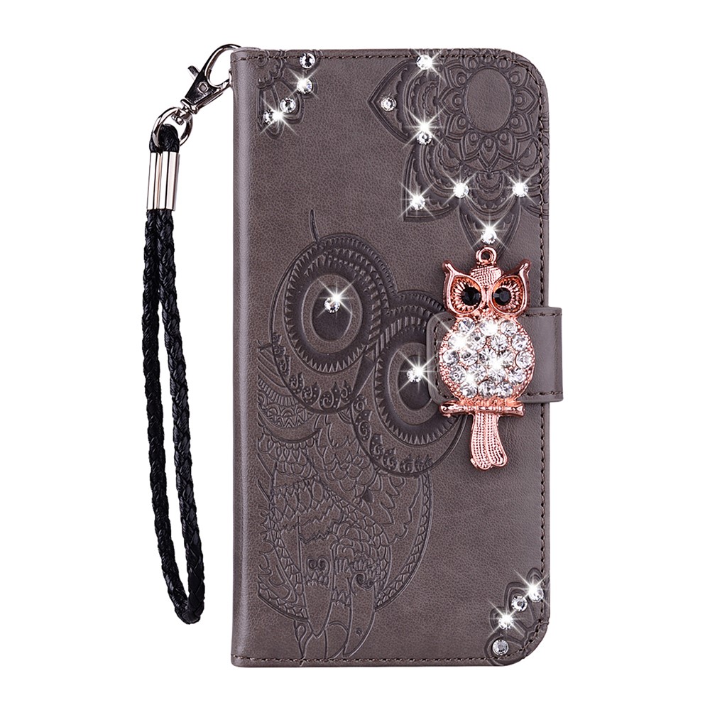 Owl Imprint Rhinestone Decor Wallet Leather Cover for Samsung Galaxy A52 5G Stand Shell - Grey-2