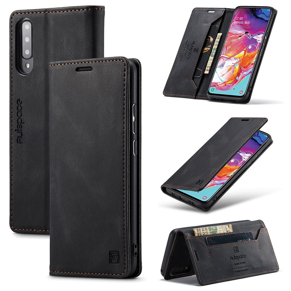 AUTSPACE A01 Series RFID Blocking Retro Matte Leather Case Wallet for Samsung Galaxy A70 - Black