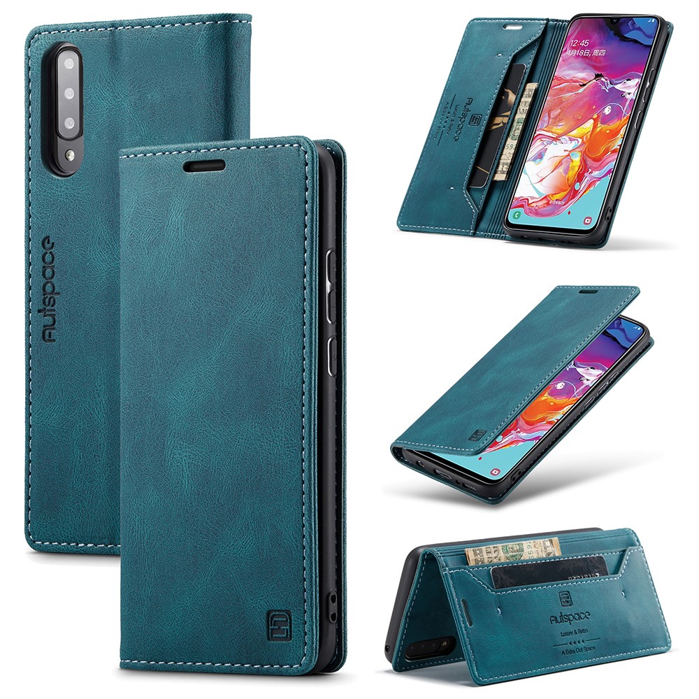 AUTSPACE A01 Series RFID Blocking Retro Matte Leather Case Wallet for Samsung Galaxy A70 - Blue