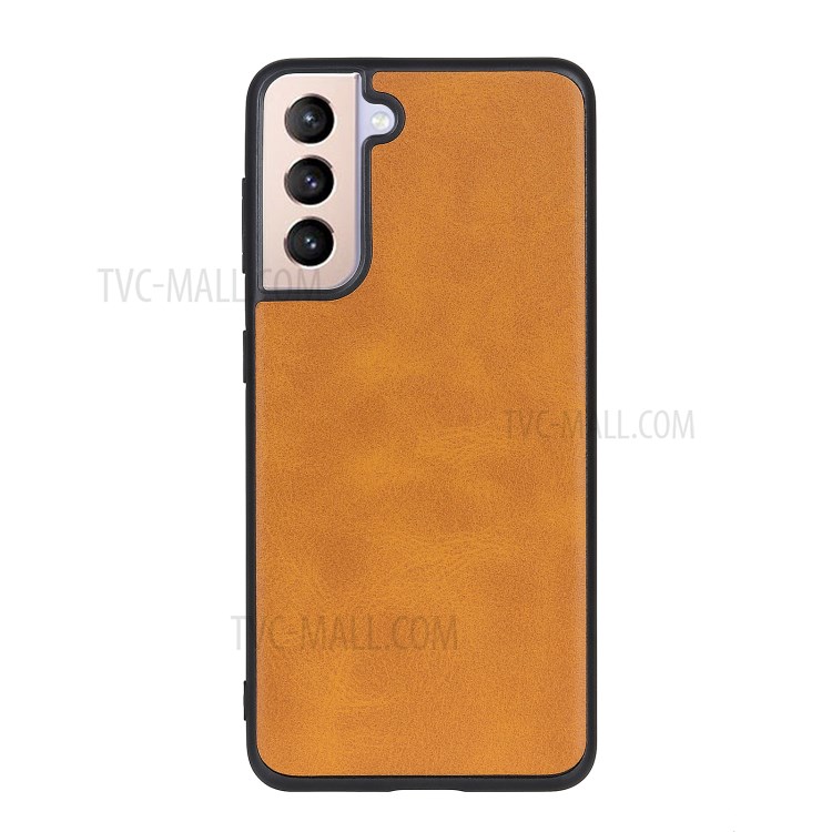 Leather Coated TPU+PC Phone Case for Samsung Galaxy S21 - Brown-1