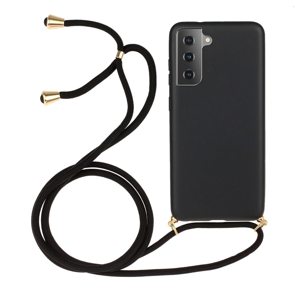 Eco-Friendly Natural Wheat Straw Soft TPU Phone Case with Multi-function Strap for Samsung Galaxy S21+ 5G - Black-1
