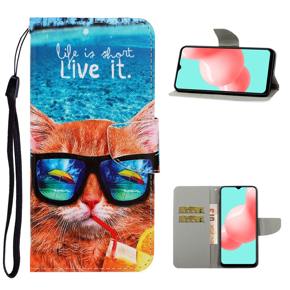 PU-Leder-Telefon-Wallet-Stand-Muster-Druckschutz-Schutzhülle Für Samsung Galaxy A12 - Katze Trägt Sonnenbrillen