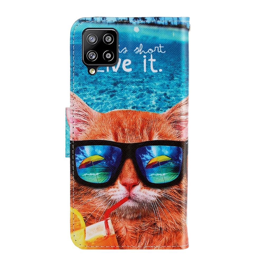 PU-Leder-Telefon-Wallet-Stand-Muster-Druckschutz-Schutzhülle Für Samsung Galaxy A12 - Katze Trägt Sonnenbrillen-3