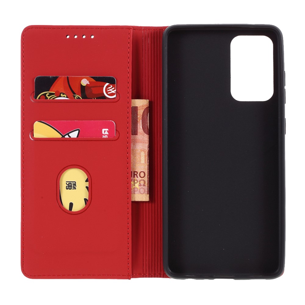 Strong Magnet Liquid Silicone Feel Leather Wallet Case for Samsung Galaxy A72 5G - Red-7