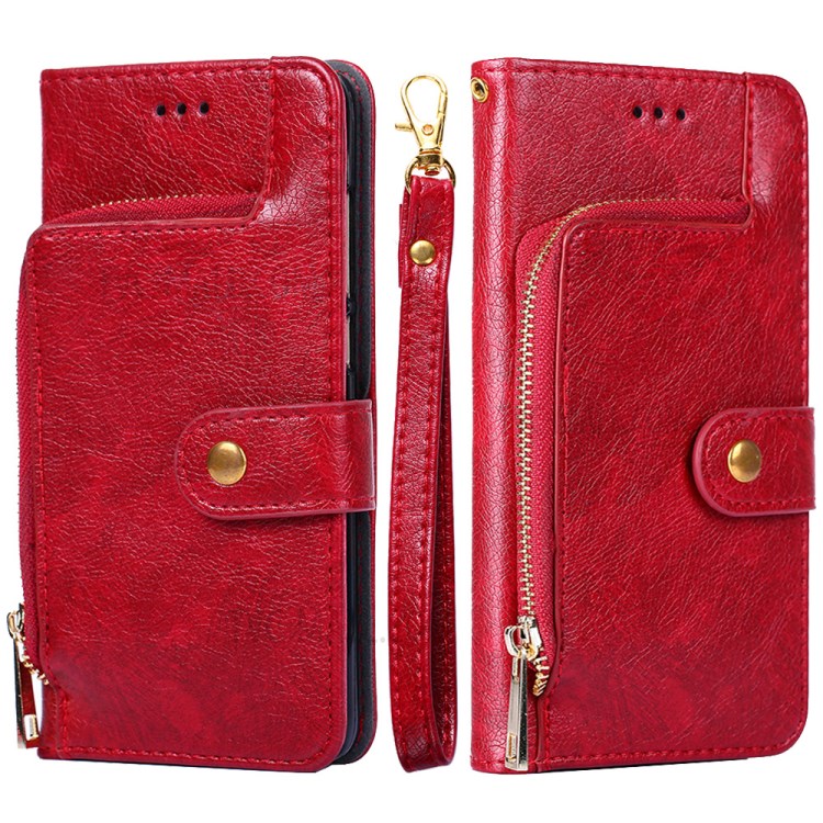 Leather Wallet Phone Stand Case with Zipper Pocket for Samsung Galaxy A52 5G - Red-1