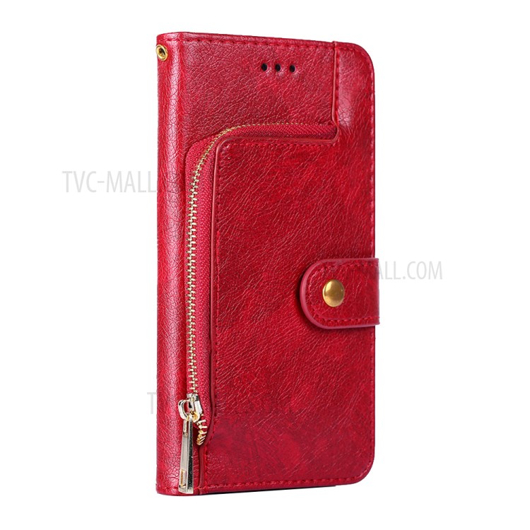 Leather Wallet Phone Stand Case with Zipper Pocket for Samsung Galaxy A52 5G - Red-3