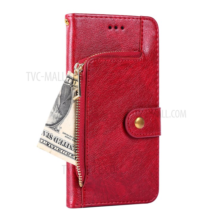 Leather Wallet Phone Stand Case with Zipper Pocket for Samsung Galaxy A52 5G - Red-4