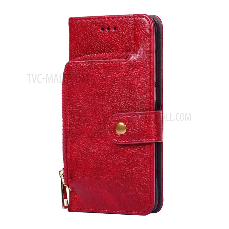 Leather Wallet Phone Stand Case with Zipper Pocket for Samsung Galaxy A52 5G - Red-5