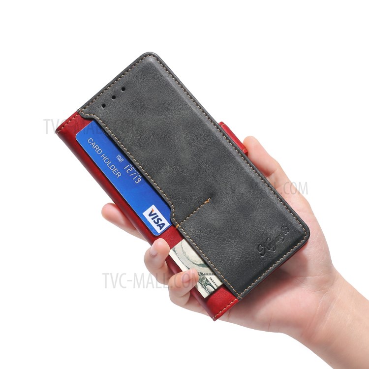 Color Splicing Card Slot Stand Case PU Leather Flip Case for Samsung Galaxy A72 5G - Red / Black-5