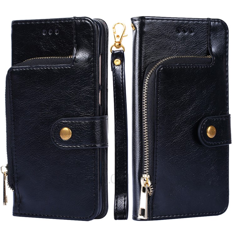 Leather Wallet Phone Stand Case with Zipper Pocket for Samsung Galaxy A72 5G - Black-1