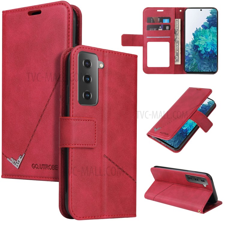 GQ.UTROBE Wallet Stand Design Leather Cover Metal Rectangular Decor for Samsung Galaxy S21 Plus - Red-1