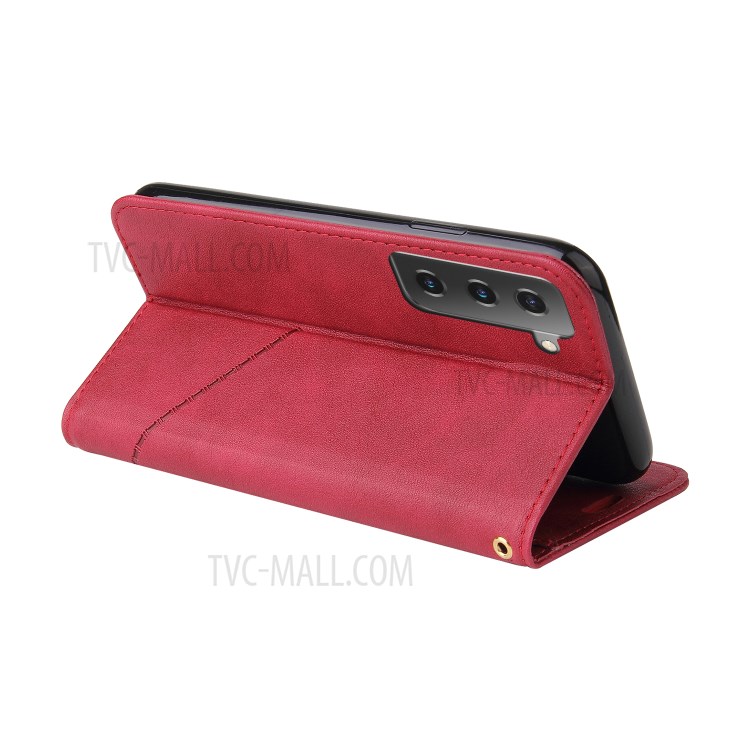 GQ.UTROBE Wallet Stand Design Leather Cover Metal Rectangular Decor for Samsung Galaxy S21 Plus - Red-3
