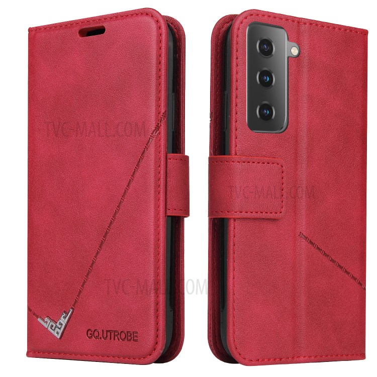 GQ.UTROBE Wallet Stand Design Leather Cover Metal Rectangular Decor for Samsung Galaxy S21 Plus - Red-7