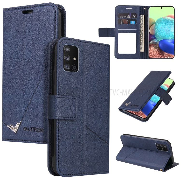 GQ.UTROBE Wallet Stand Metal Rectangular Decor Leather Cover for Samsung Galaxy A02s (EU Version) - Blue-1