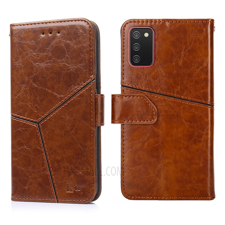 Geometric Splicing Style Stand Wallet Leather Phone Case for Samsung Galaxy A02s (EU Version) - Light Brown-1