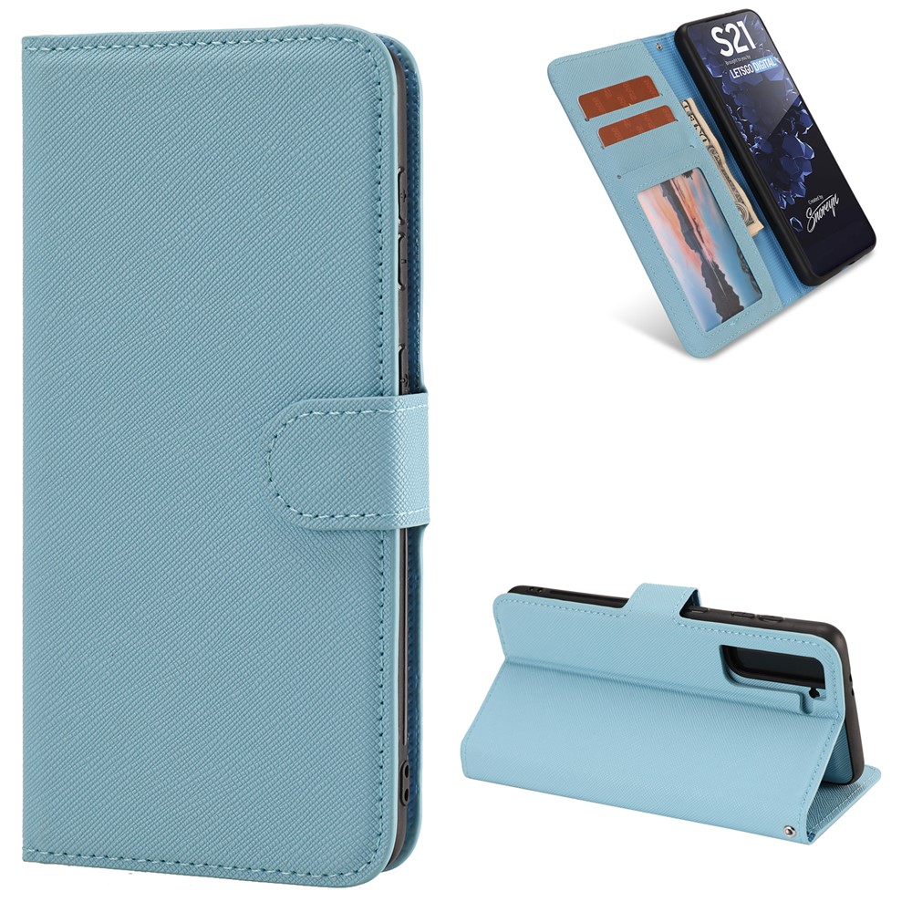 Detachable 2 in 1 Cross Texture Leather Wallet Stand Design Cover Case for Samsung Galaxy S21 Plus - Blue-1