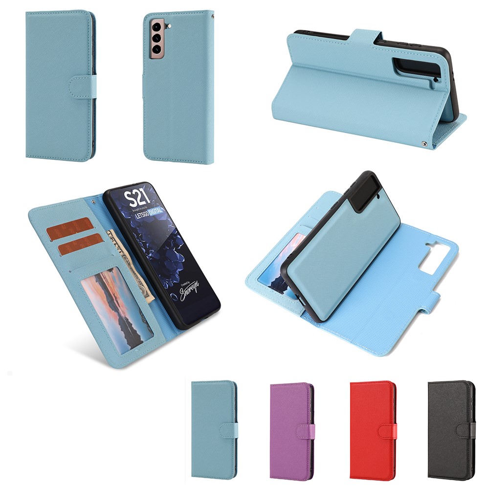 Detachable 2 in 1 Cross Texture Leather Wallet Stand Design Cover Case for Samsung Galaxy S21 Plus - Blue-6