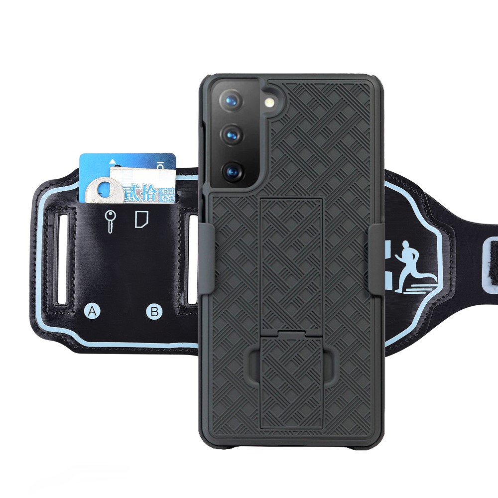 Woven Pattern Nylon Sport Armband PC Case with Kickstand Phone Cover for Samsung Galaxy S21-3