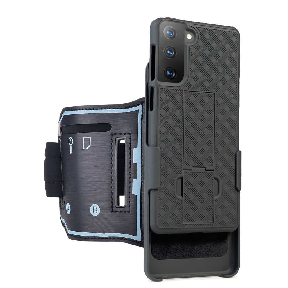 Woven Pattern Nylon Sport Armband PC Case with Kickstand Phone Cover for Samsung Galaxy S21-4